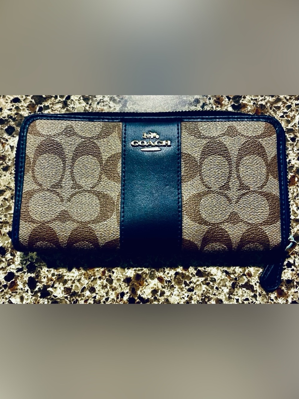 Coach Brown Monogram Wallet with Navy Leather Stripe and Gold Logo